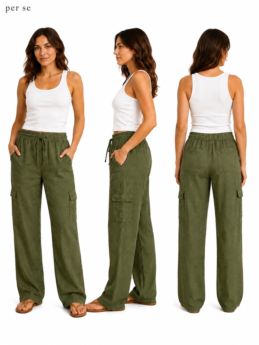 Per Se Olive Green Linen Blend Cargo Pants Medium Drawstring Wide Leg boho